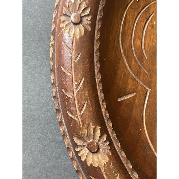 Vintage Handcarved Tray Wooden MCM Minimalist Decorative Round Brown Floral Dish - Picture 3 of 7
